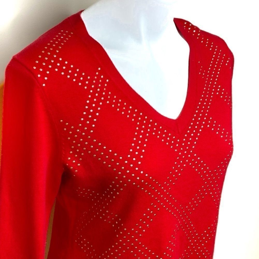 Tommy Hilfiger red and gold studded v-neck sweater size M - Picture 6 of 16